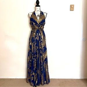 Chetta B Midnight Blue & Foil Surplice Maxi Dress Light Weight Paisley Fleur